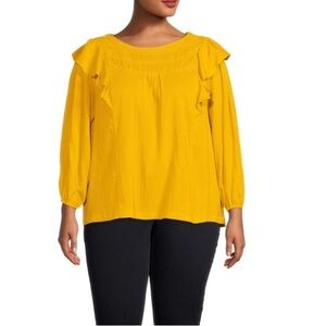 Terra & Sky Women’s Gauzy Ruffle Crochet Yellow Long Sleeve Peasant Blouse 1X